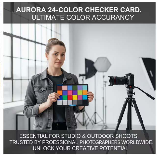 MOdel sosteniendo carta de colores en estudio fotográfico